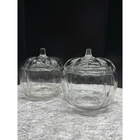 2 Vntg Anchor Hocking Clear Fall Glass Pumpkin Cookie Jars Candy Dish Canisters - Picture 2 of 10